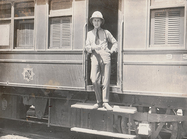 Cyril Ellen standing on the footboard of a North Western Railway carriage, circa 1920. At the time, Cyril was serving with No. 31 Squadron in the North-West Frontier region of British India.n.