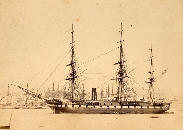 HMS Topaze. 31 guns. Commodore Powell CB in Hamoaze. Jany 1866. HMS Topaze. 31 guns. Commodore Powell CB in Hamoaze. Jany 1866.